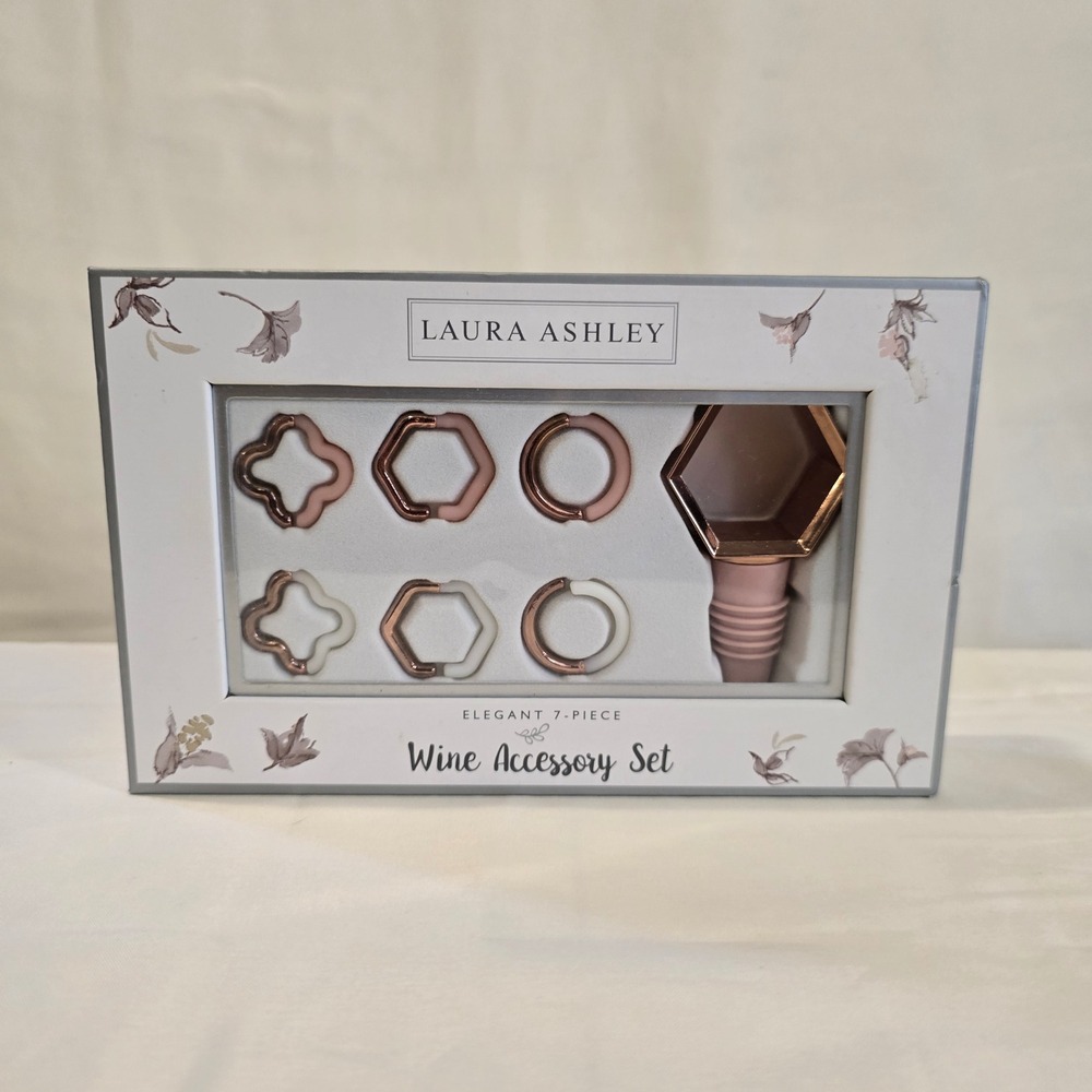 Laura Ashley‎ Elegant 7 Piece Wine Accessory Set Bottle Topper Geo Golden Accent